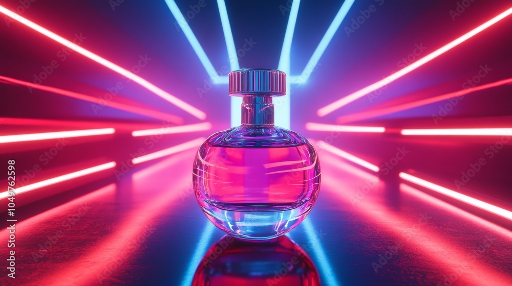 A bottle of perfume is displayed in a room with neon lights A bottle of perfume is displayed in a room with neon lights