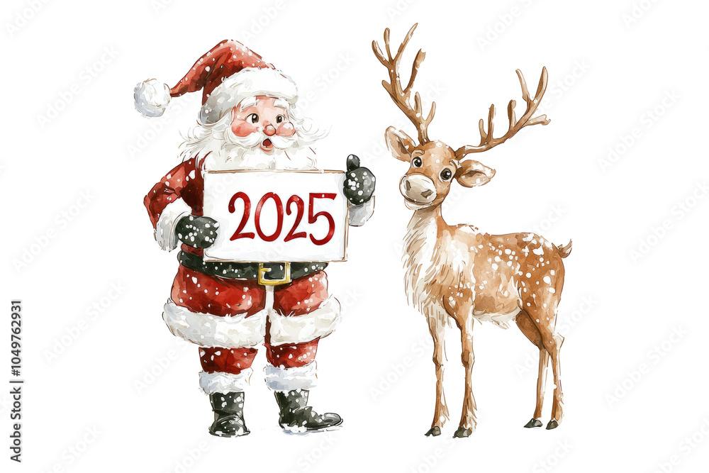 Santa holding a 2025 sign while standing next to a reindeer. Santa holding a 2025 sign while standing next to a reindeer.