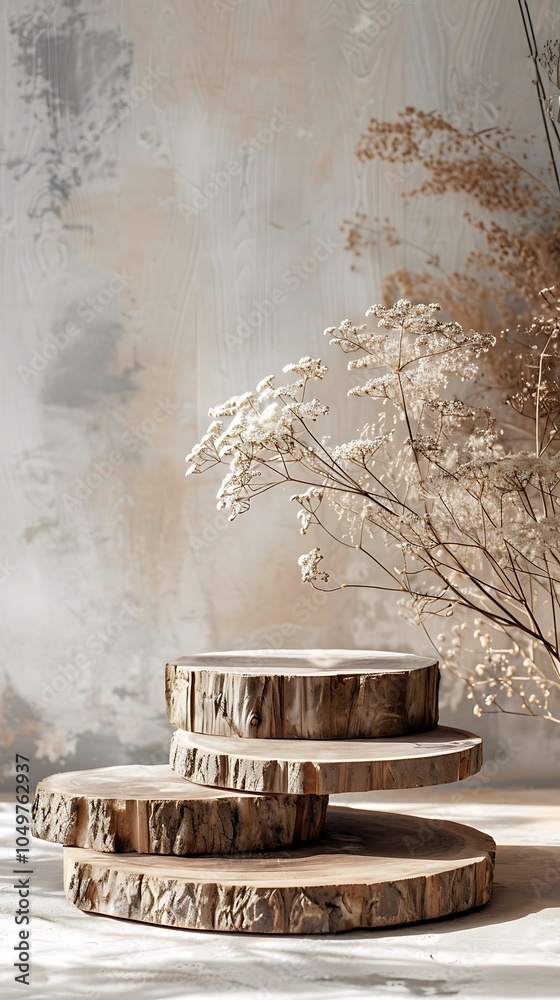 Wooden podium with eucalyptus branches on dark background Wooden podium with eucalyptus branches on dark background