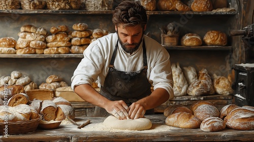 View of a local baker making traditional bread, surrounded by the aroma of fresh bread and flour