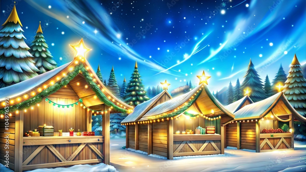 Fototapeta premium Rustic Wooden Market Stalls With Traditional Holiday Decorations In Winter Setting