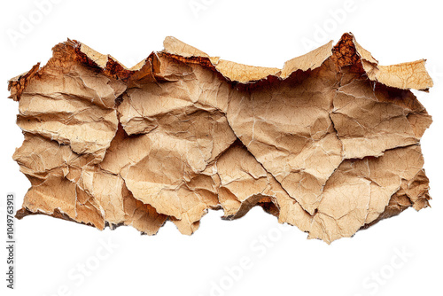 Torn piece of craft paper tape with rough edges, isolated on a white background. photo