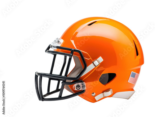 bright orange football helmet with sleek design, featuring black face mask. This helmet represents spirit of game and safety in sports. 