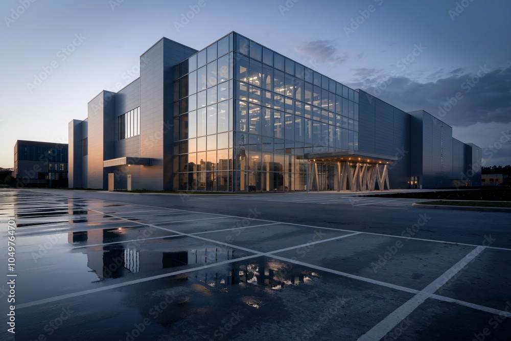 A low-angle shot of a modern industrial building with a wide-angle lens. The building has smooth metal and glass textures, and it stands still. A low-angle shot of a modern industrial building with a wide-angle lens. The building has smooth metal and glass textures, and it stands still.