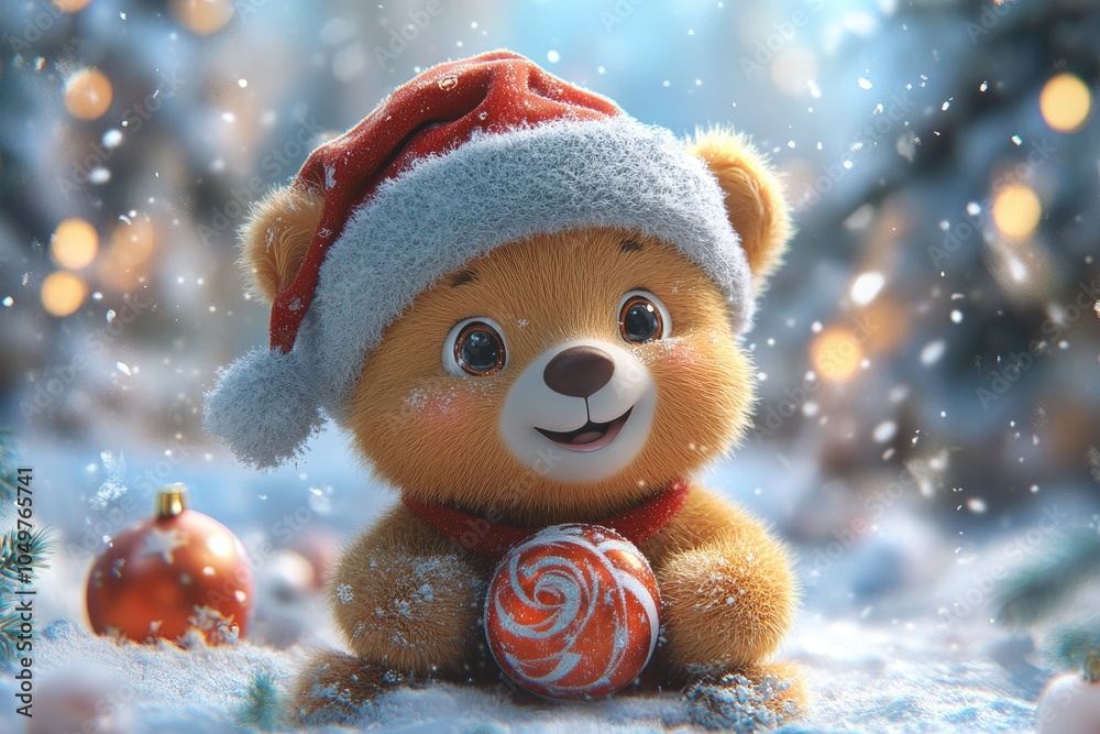Adorable Teddy Bear in Santa Hat Holding Christmas Ornament in a Snowy Winter Wonderland