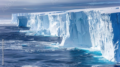 A dramatic view of the Antarctic ice shelves calving massive icebergs into the frigid waters of the Southern Ocean, Polar scene, Dramatic style
