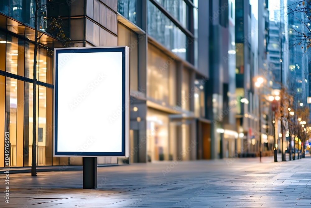 Front view of a white, blank, empty advertising poster mockup on a street light pole in the city design, with a blurred modern office building background design and natural lighting design Front view of a white, blank, empty advertising poster mockup on a street light pole in the city design, with a blurred modern office building background design and natural lighting design