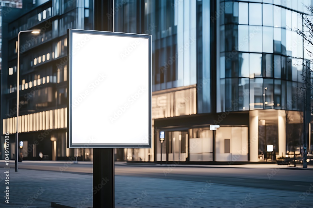 Front view of a white, blank, empty advertising poster mockup on a street light pole in the city design, with a blurred modern office building background design and natural lighting design Front view of a white, blank, empty advertising poster mockup on a street light pole in the city design, with a blurred modern office building background design and natural lighting design