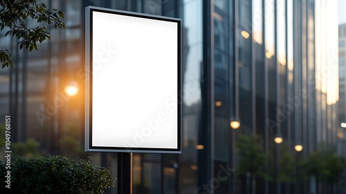  Front view of a white, blank, empty advertising poster mockup on a street light pole in the city design, with a blurred modern office building background design and natural lighting design 