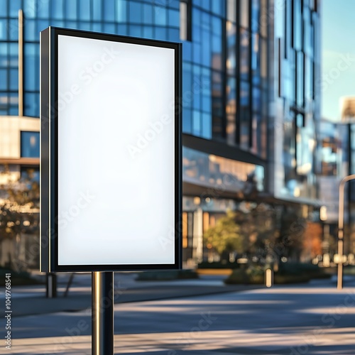  Front view of a white, blank, empty advertising poster mockup on a street light pole in the city design, with a blurred modern office building background design and natural lighting design 