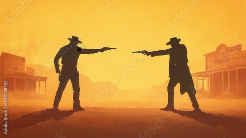 Silhouetted cowboys face off in a classic showdown against a vibrant sunset backdrop, embodying the spirit of the Wild West.