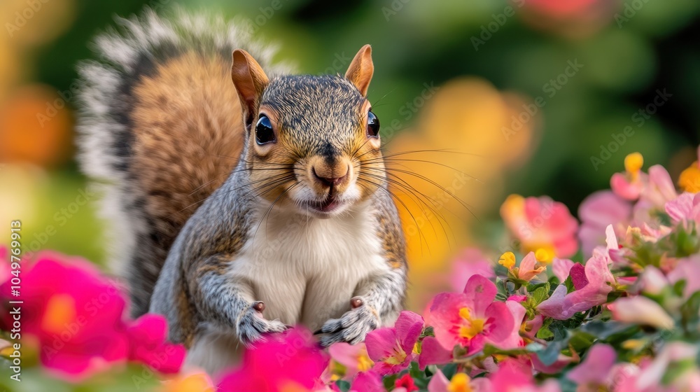 Naklejka premium A playful squirrel surrounded by vibrant flowers, showcasing its curious nature and the beauty of nature in full bloom.