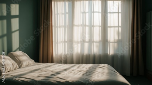 A serene bedroom scene, featuring soft sunlight filtering through sheer curtains, creating gentle shadows on a cozy bed.