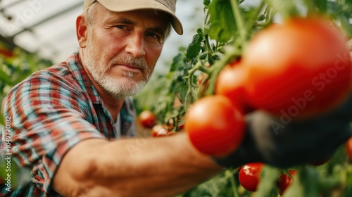 A senior man in a hat harvesting fresh tomato fruits in a greenhouse, showcasing the beauty of agricultural work. photo