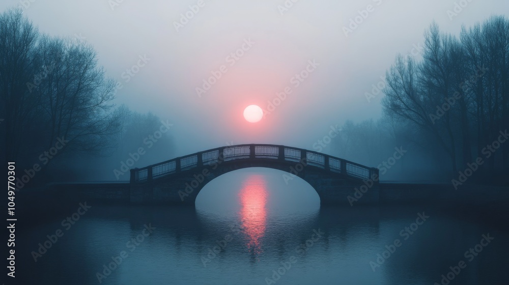 Naklejka premium A serene bridge emerges through mist at sunrise, reflecting tranquil water. Perfect for nature and landscape themes.