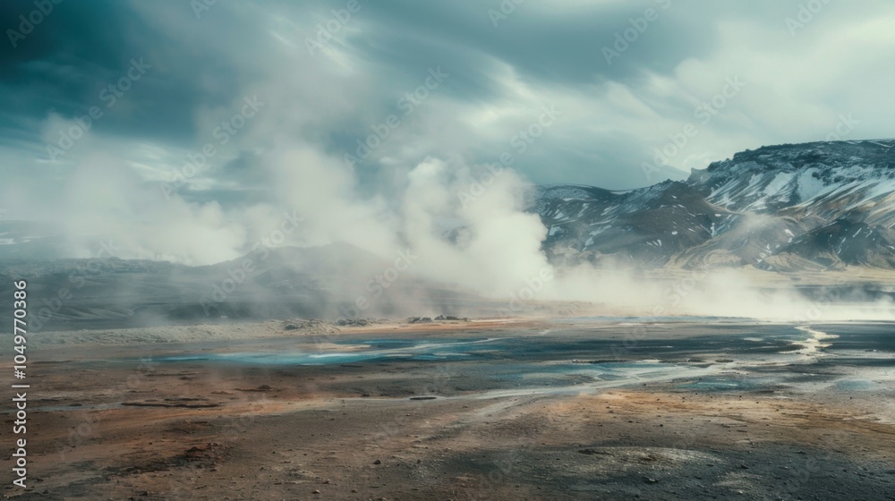 Obraz premium A dramatic view of the geothermal pools and colorful hot springs of Haukadalur Valley in Iceland, Geological scene, Cinematic style