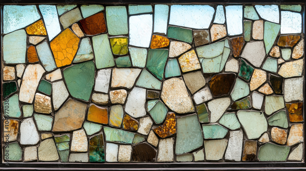 Stained glass window featuring mosaic of colorful abstract patterns, showcasing vibrant greens, browns, and yellows. intricate design creates joyful and artistic atmosphere Stained glass window featuring mosaic of colorful abstract patterns, showcasing vibrant greens, browns, and yellows. intricate design creates joyful and artistic atmosphere