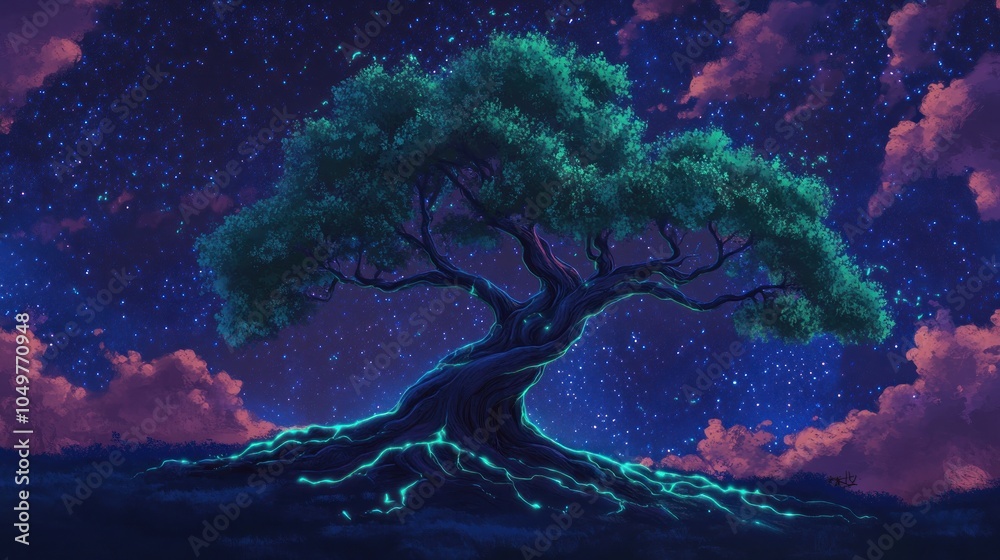 Obraz premium A Mystical Tree Under A Starry Sky