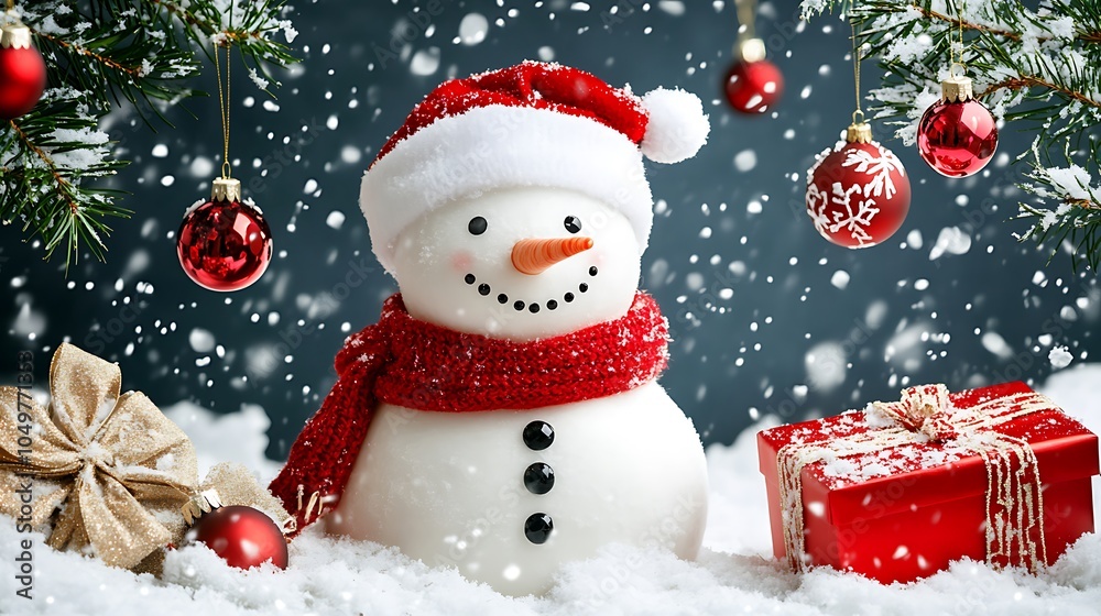 A cheerful snowman wearing a white hat and red scarf, surrounded by falling snowflakes, festive ornaments hanging from branches, and a gift sitting in the snow. A cheerful snowman wearing a white hat and red scarf, surrounded by falling snowflakes, festive ornaments hanging from branches, and a gift sitting in the snow.