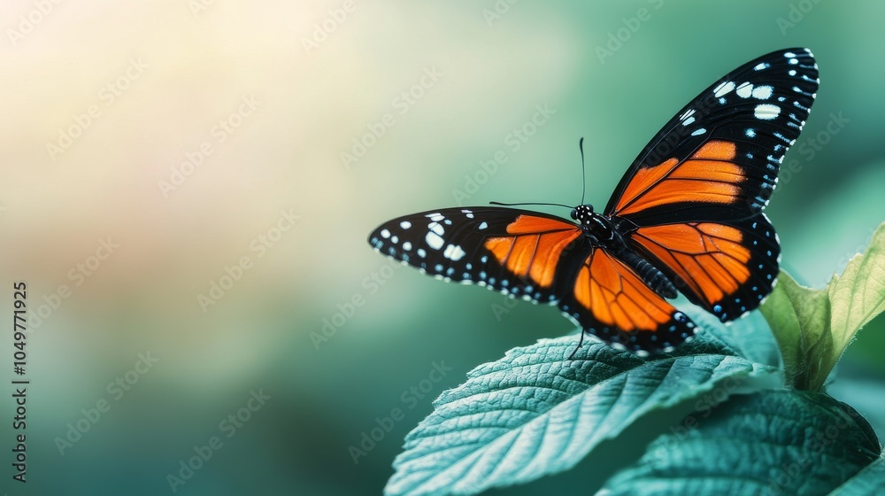 Fototapeta premium A vibrant orange butterfly perched delicately on a green leaf, showcasing nature's beauty and tranquility in a serene environment.