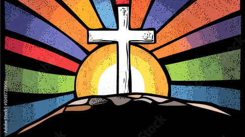 vibrant stained glass design featuring cross against colorful sunburst background, symbolizing hope and faith. artwork evokes sense of joy and spirituality