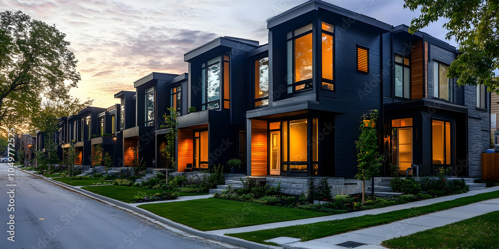 Obraz premium Modern Townhouses with Black Cladding at Sunset