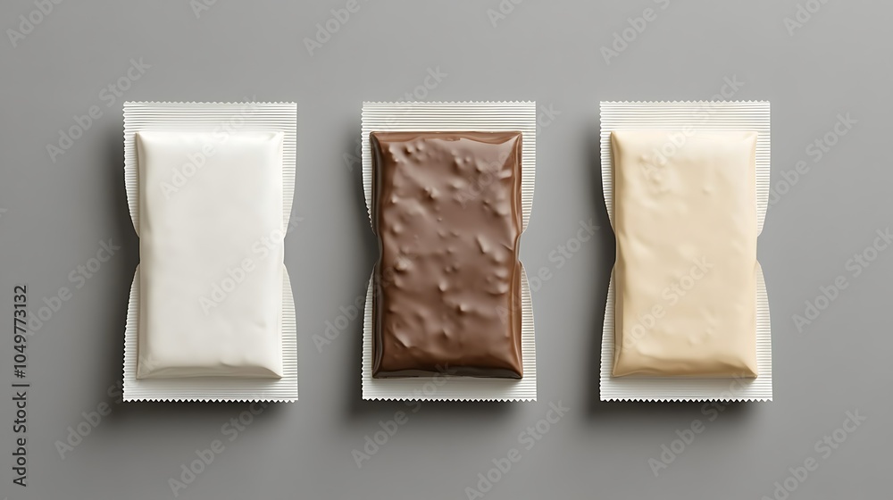 Set of white blank packaging for a chocolate bar with brown and beige colors, top view isolated on a grey background mockup template design
Set of white blank packaging for a chocolate bar with brown and beige colors, top view isolated on a grey background mockup template design