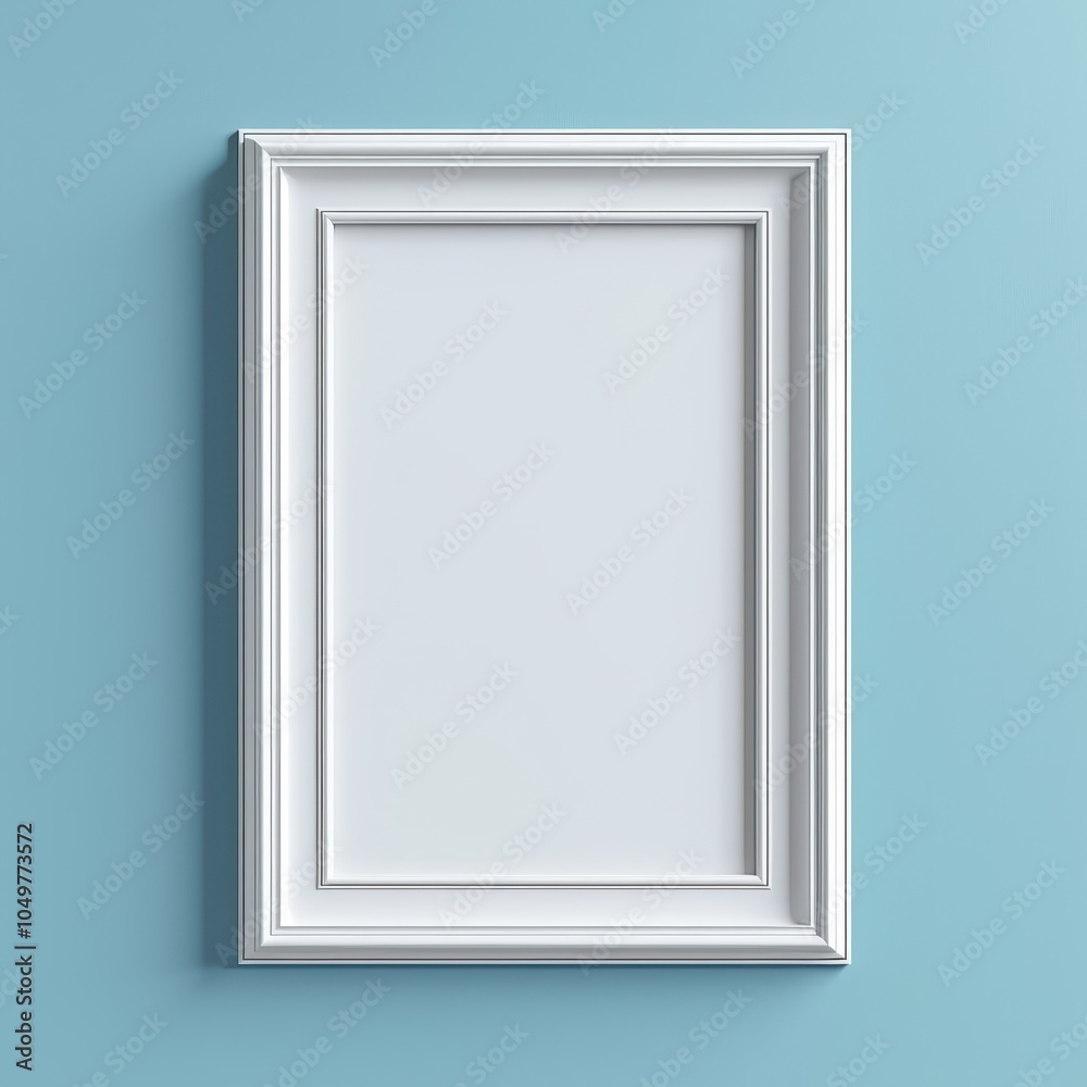 White Empty Photo Frame Mockup Hanging on Light Blue Wall White Empty Photo Frame Mockup Hanging on Light Blue Wall