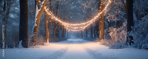 Twinkle lights  strung between the trees