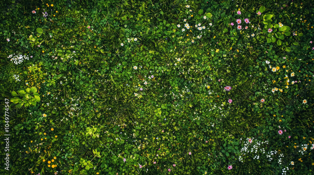 Bright green grass field with patches of colorful wildflowers, captured from above, relaxing scene Bright green grass field with patches of colorful wildflowers, captured from above, relaxing scene