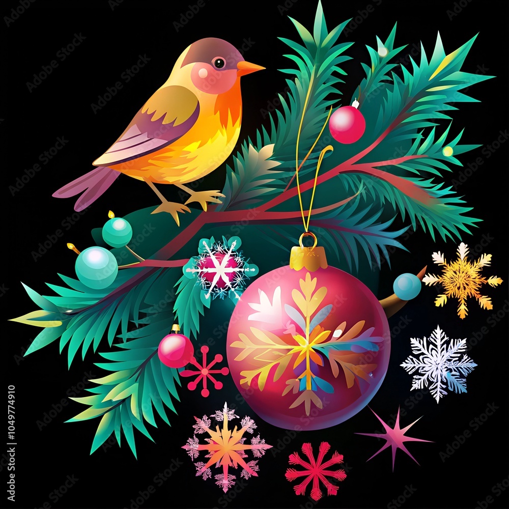 Fototapeta premium Christmas card, sticker with bird, colorful holiday decorations on black background. Collection winter seasonal design, set decorative drawn elements, greeting template Merry Christmas Happy New Year.
