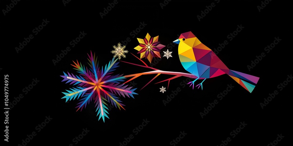 Obraz premium Christmas card, sticker with bird, colorful holiday decorations on black background. Collection winter seasonal design, set decorative drawn elements, greeting template Merry Christmas Happy New Year.
