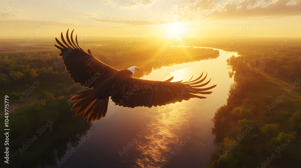 Obraz premium An eagle soars through the sky at sunset, with a river winding through the landscape below.