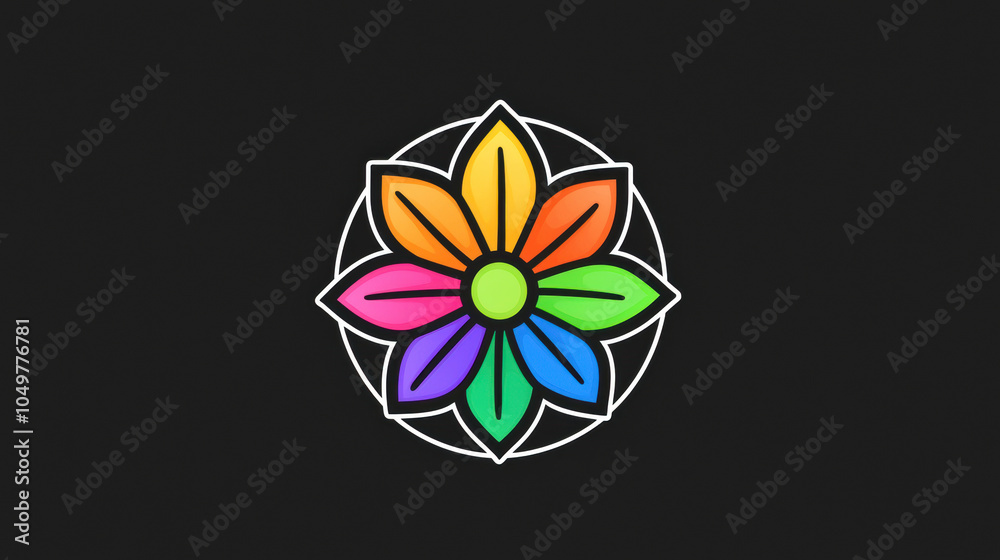 Colorful flower design with vibrant petals in shades of orange, pink, green, and blue, set against dark background, creating striking visual impact Colorful flower design with vibrant petals in shades of orange, pink, green, and blue, set against dark background, creating striking visual impact