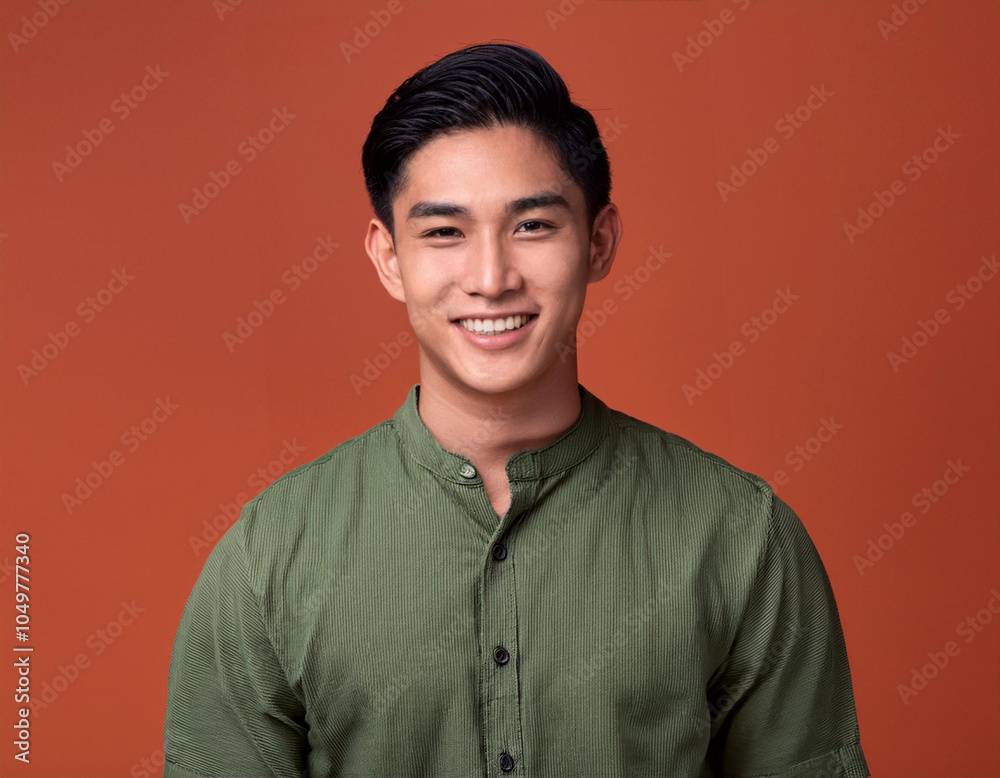 Obraz premium Portrait of Handsome Young Man Happily Smiling Against Colored Studio Background