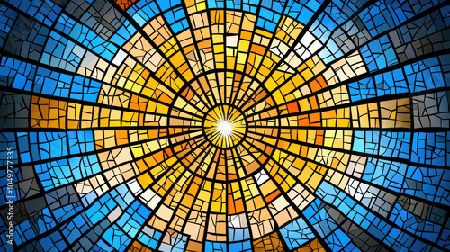 Vibrant stained glass window featuring radiant sun design, showcasing intricate patterns in shades of blue, yellow, and orange. artwork creates joyful and uplifting atmosphere photo