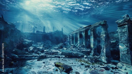 A hauntingly beautiful view of the sunken city of Atlantis beneath the crystal-clear waters of the Bahamas, Underwater scene, Surreal style photo