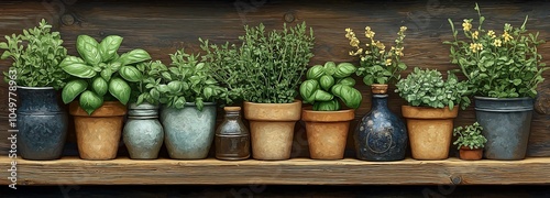 Wallpaper Mural Display of fresh herbs such as basil, parsley and rosemary in ceramic pots arranged on a wooden shelf Torontodigital.ca