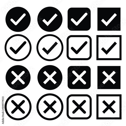 black check mark and cross icon set in circle and square. Tick & cross icon button set. Yes or no symbol, approved or rejected icon.