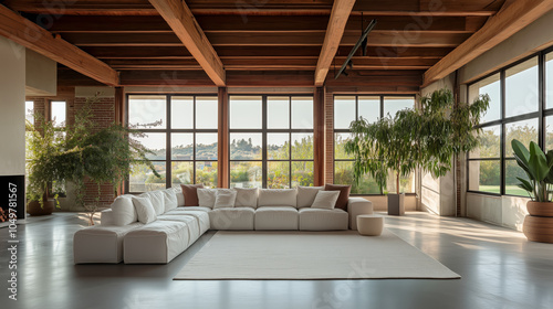 Minimalist interior design of modern living room with white sofa and large windows 