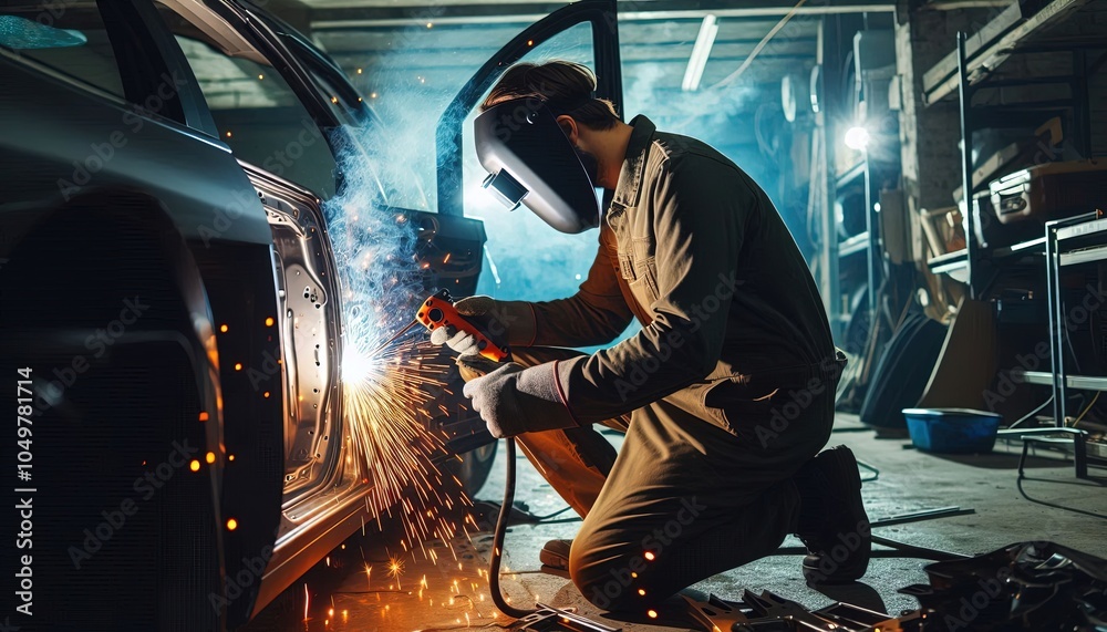 Welder working on a car. Welder working on a car.