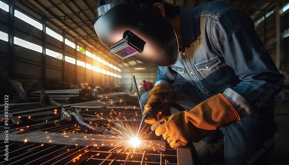 Fototapeta premium Welder working on a metal structure.