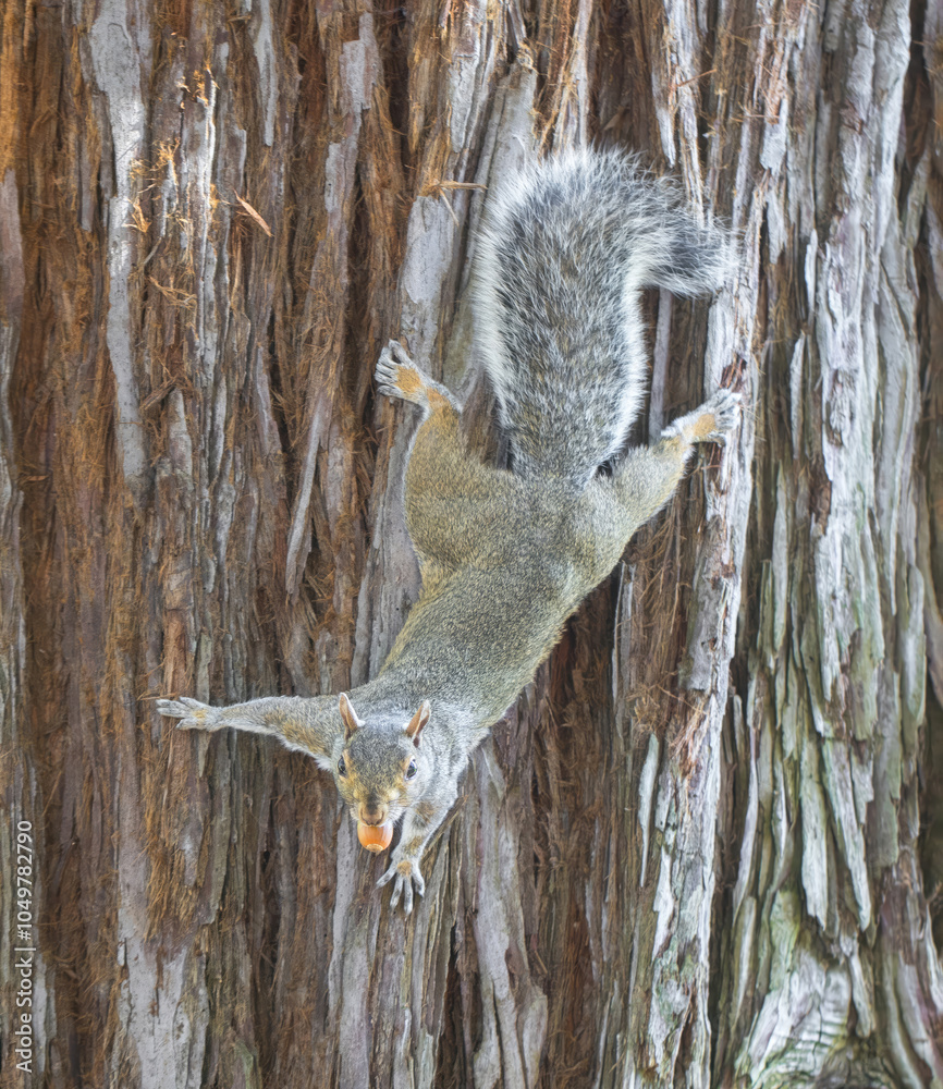 Fototapeta premium Eastern Gray Squirrel on Redwood Tree Trunk with Acorn. Santa Clara County, California, USA.