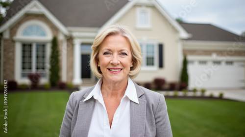 Professional Portrait of Experienced Female Realtor in Front of Home - Perfect for Real Estate Marketing and Senior Realtor Representation