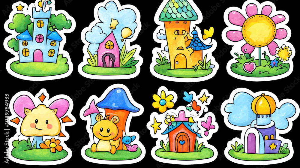 Fototapeta premium Colorful and whimsical illustrations of charming houses, flowers, and playful animals create joyful and enchanting scene. Perfect for childrens themes and creative projects