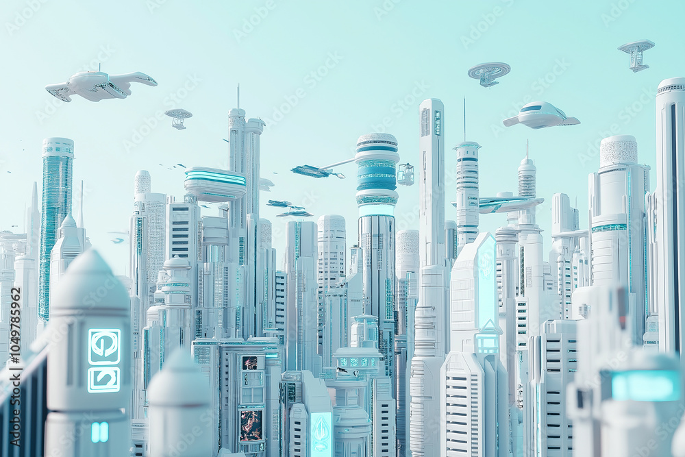 Fototapeta premium Futuristic cityscape showcasing advanced architecture and flying vehicles technology