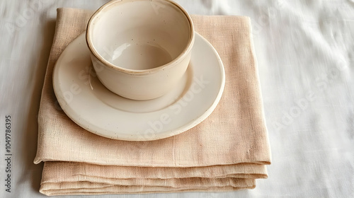 Ceramic Bowl and Plate on Beige Napkin - Illustration