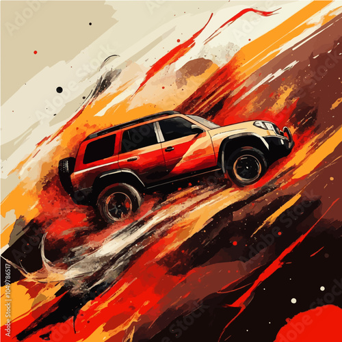 Abstract art of an SUV in motion, with vibrant brush strokes and earthy tones symbolizing rugged adventure and off-road exploration.
