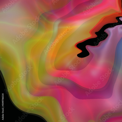 An Abstract Exploration  ,Gradients ,Bold line contour the form  a wavy design and bold lines and blend of vibrant colors like red pink blue  black and yellow  ,blend , waves , movement, depth , 