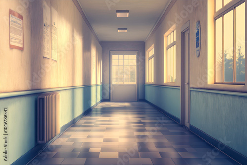 A Peaceful and Empty Hospital Corridor Bathed in Warm Light During the Day